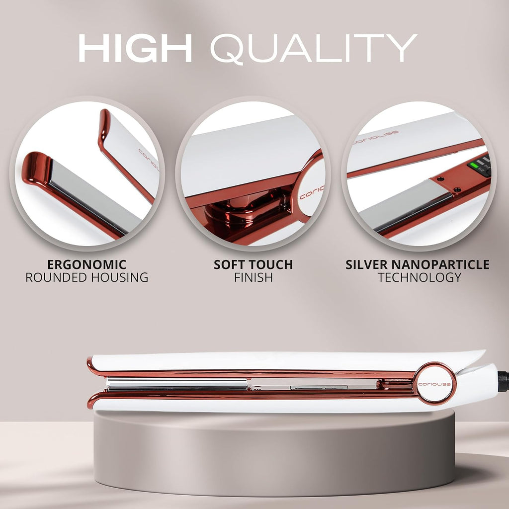 Corioliss C1 Flat Iron Hair Straightener Professional Titanium Plates Temperature Control Travel Case (White Copper)