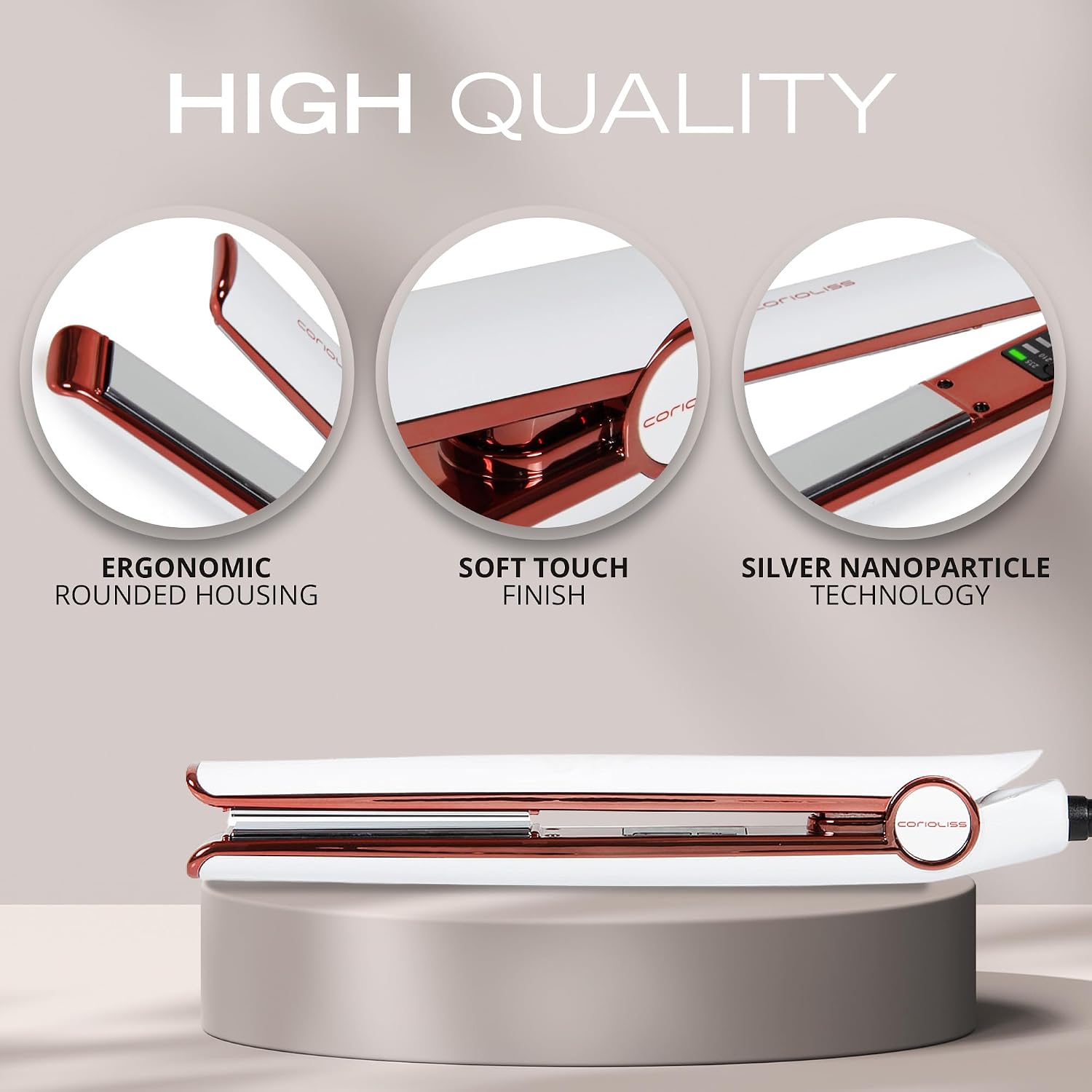 Corioliss C1 Flat Iron Hair Straightener Professional Titanium Plates Temperature Control Travel Case (White Copper)