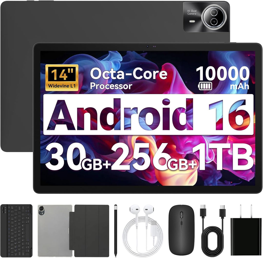 Urao Tablet｜14 inch Android 16 Tablet｜30GB RAM 256GB ROM ｜1920 * 1200 IPS FHD｜10000mAh 30W Fast Charging｜Octa-core Processor｜Wi-Fi 6, BT 5.4｜Dual Camera with Gemini AI｜Keyboard｜Stylus｜Case｜Headphone