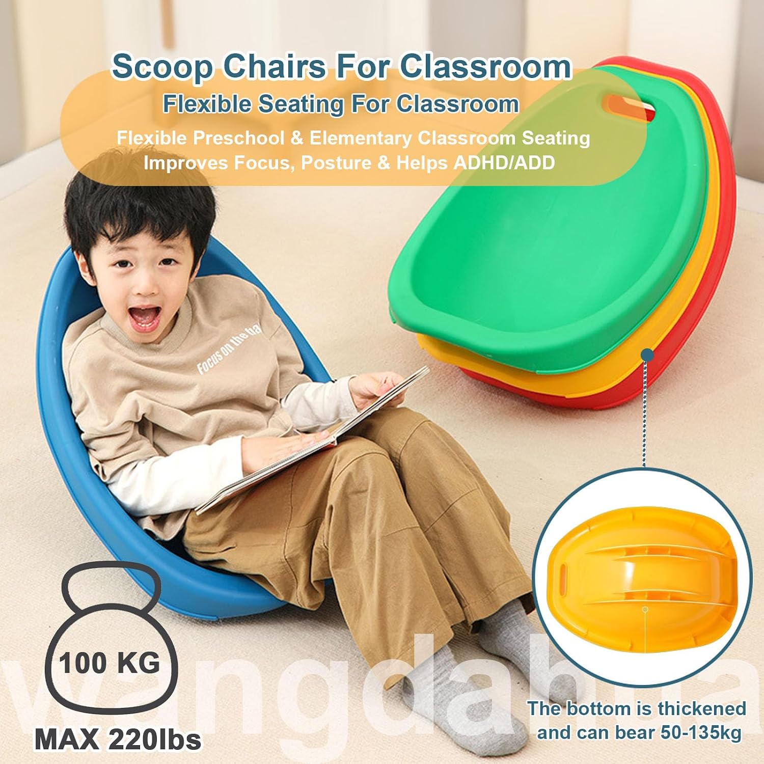 4-Packs Scoop Rocker Chair for Kids, Toddler Reading Chair with Back Support, Plastic Scoop Rockers for Classroom, Lightweight Wiggle Floor Chair Sensory Balance Wobble Seat,4pcs
