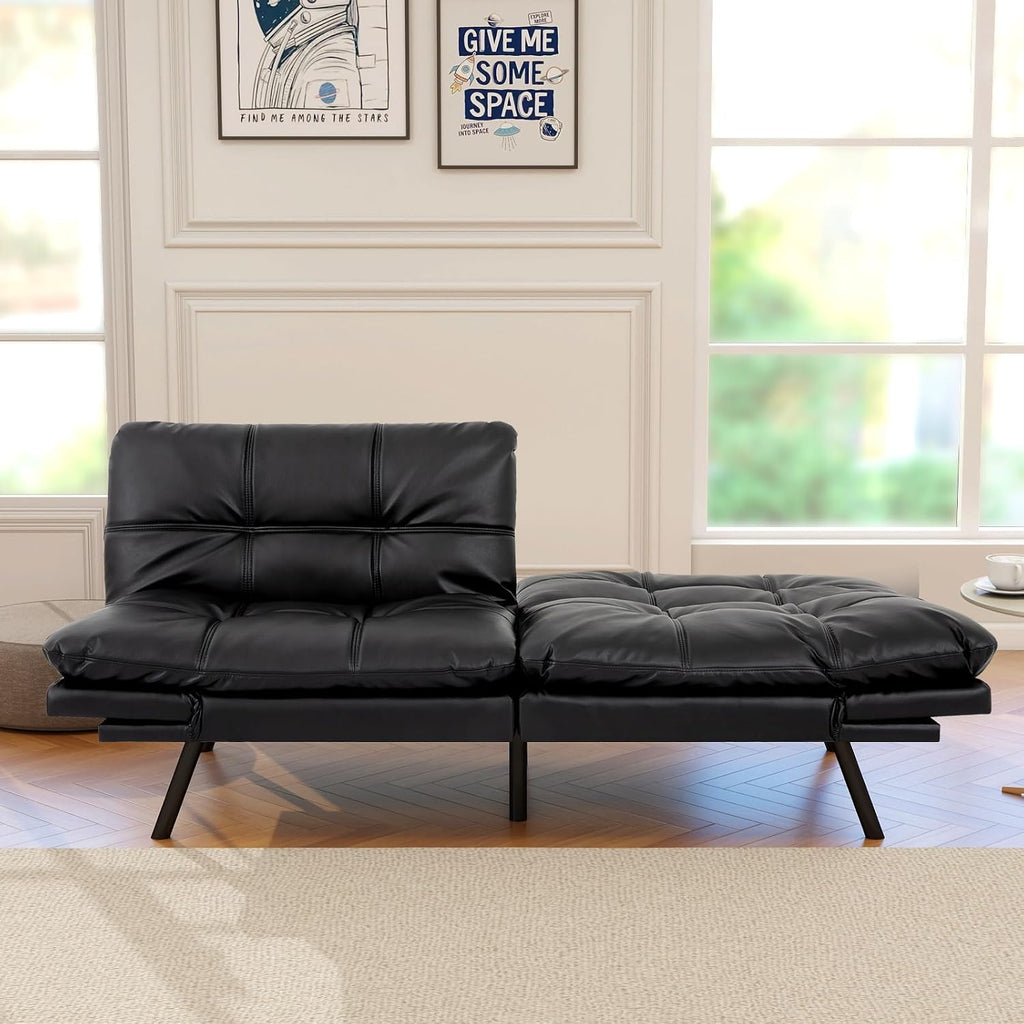 Opoiar Futon Sofa Bed Modern Memory Foam Sleeper Sofa Convertible Couch Adjustable Armrest&Backrest Black Matte Leather Futon for Living Space,Apartment,Office Sofabed