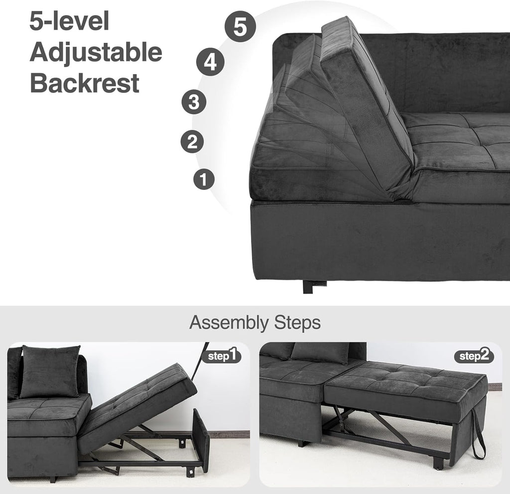 Sofa Bed 4-in-1 Convertible pull out Couch, Velvet Love seat Couch Sleeper Chair Bed with 2 Throw Pillow, Single Recliner with 5 Adjustable Backrests for Living Room Apartment Small Space, Dark Grey