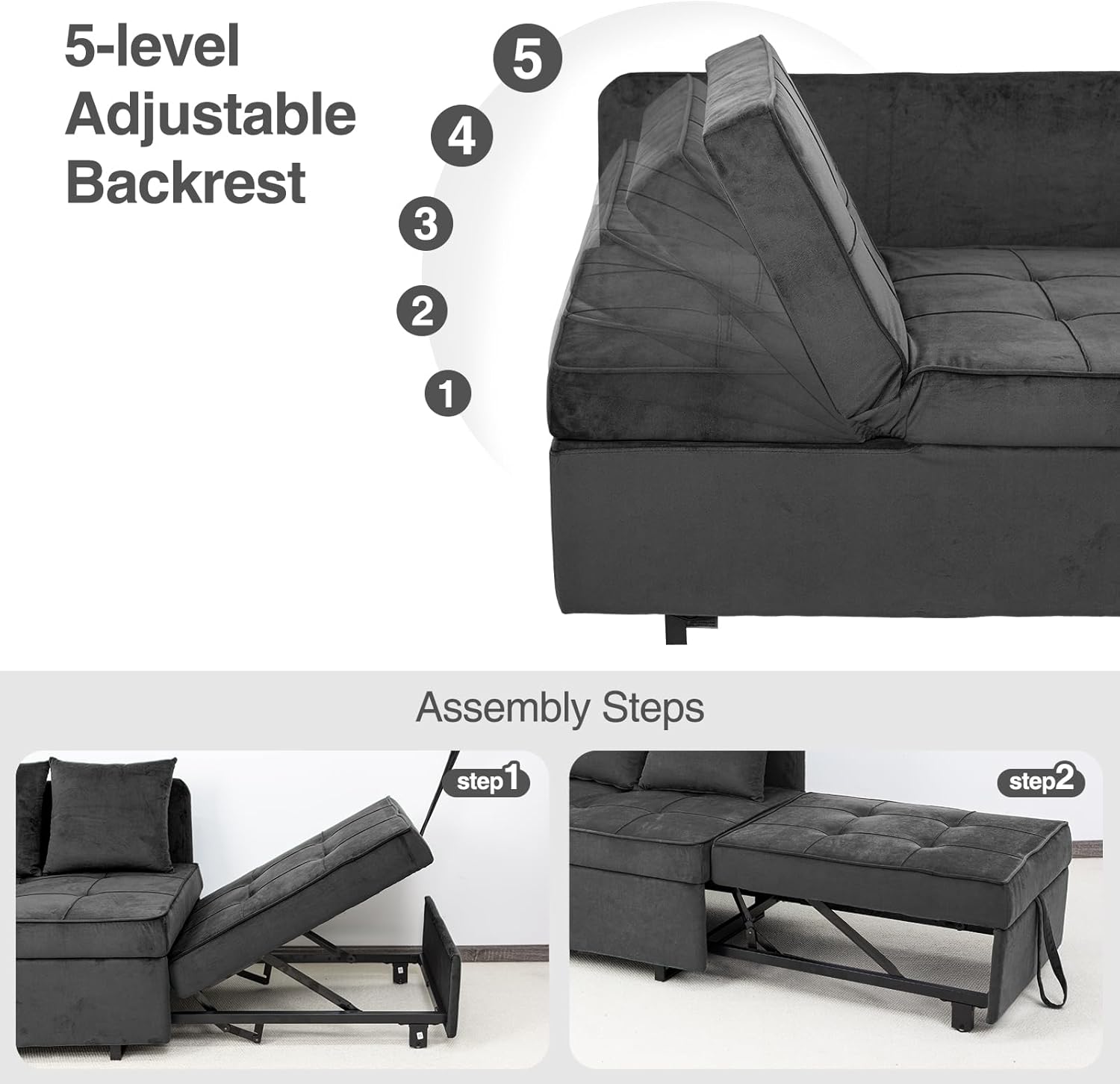 Sofa Bed 4-in-1 Convertible pull out Couch, Velvet Love seat Couch Sleeper Chair Bed with 2 Throw Pillow, Single Recliner with 5 Adjustable Backrests for Living Room Apartment Small Space, Dark Grey