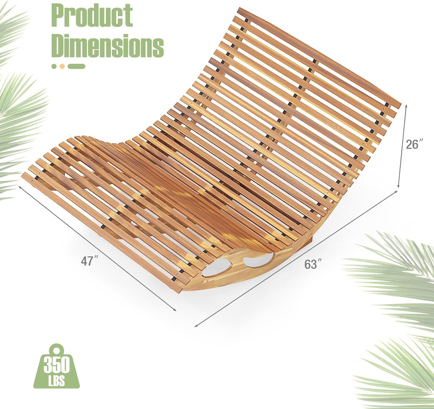 RELAX4LIFE Rocking Double Chaise Lounge, Acacia Wood Sun Bed Lounger w/Slatted Seat, Bottom Stopper, Indoor Outdoor Loveseat Rocker for Pool Patio, 440LBS Capacity, Wooden Rocking Lounge Chair (1)