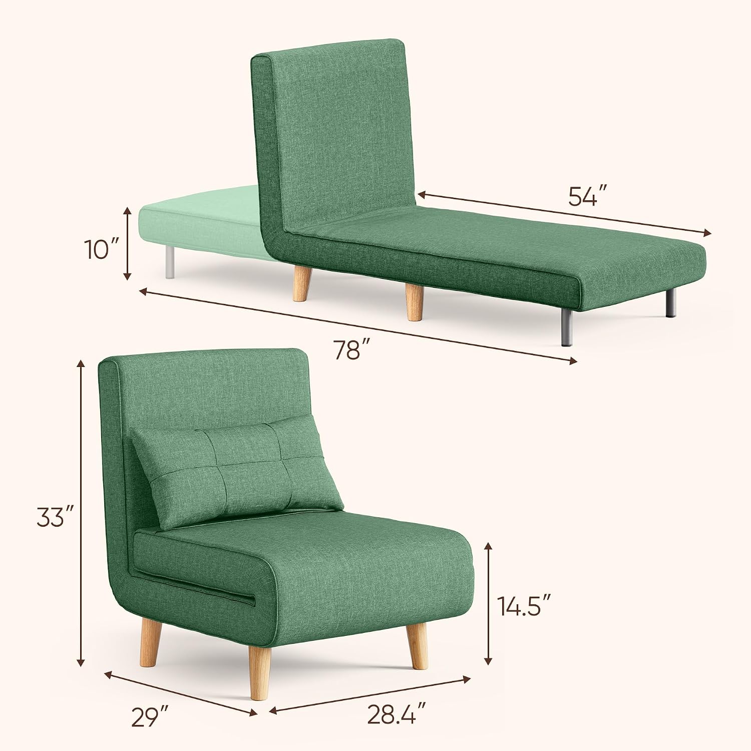 Ahomly 3 in 1 Convertible Sleeper Chair, Sofa Chair for Adults with 6 Angle Adjustable Backrest, Single Sleeper for Living Room/Apartment/Office, Green