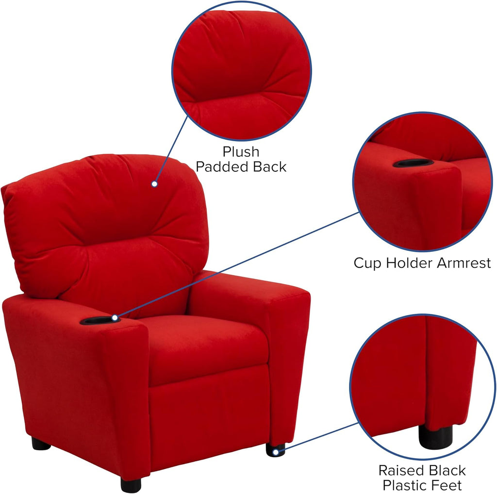 Flash Furniture Chandler Microfiber Kids Recliner with Cup Holder and Safety Recline, Contemporary Reclining Chair for Kids, Supports up to 90 lbs., Red