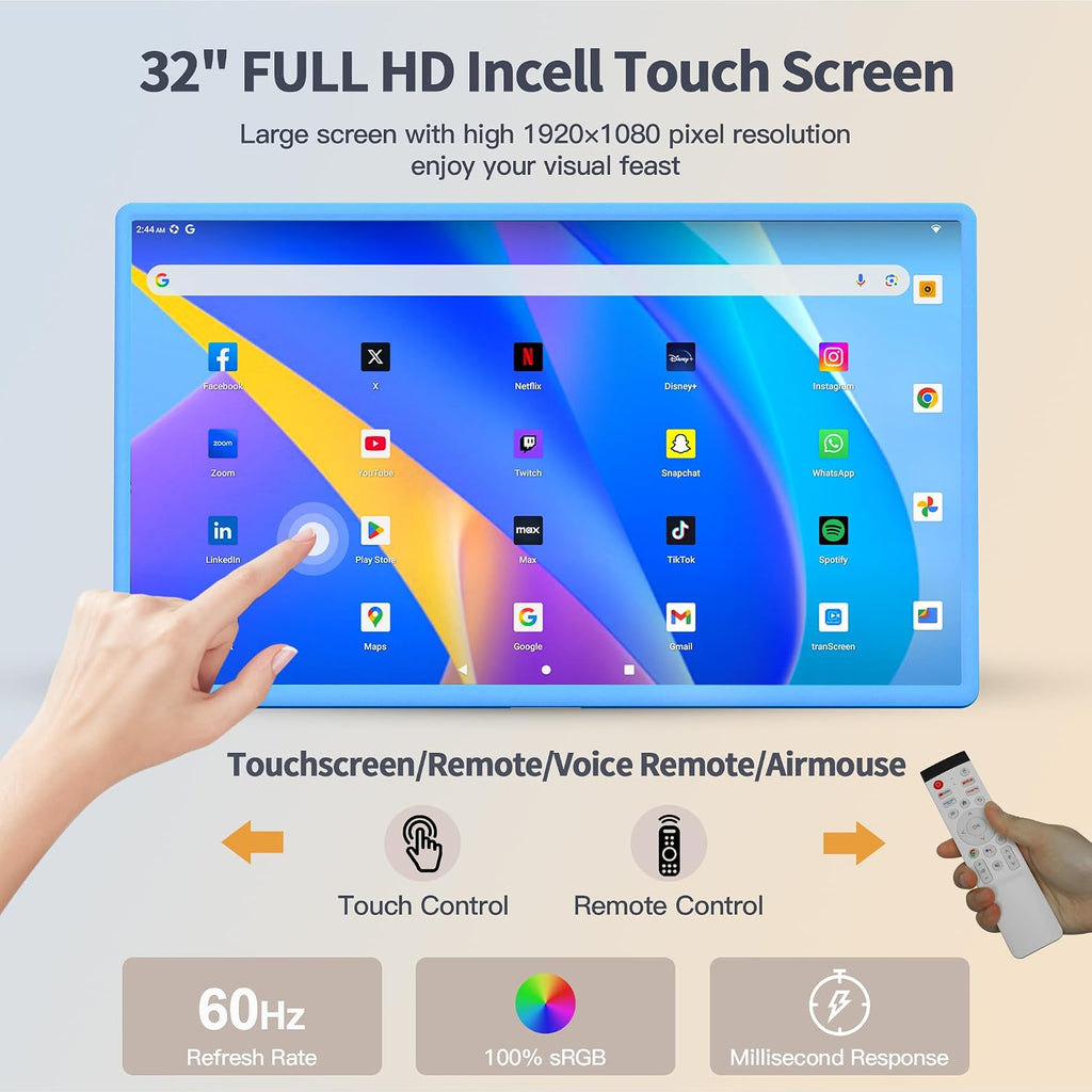 32 Inch Portable Smart TV | 1080P Touch Screen | Android 15 8G+128GB Storage | Movable Monitor on Wheels | 5MP Camera | 38,400 mAh Battery | Voice/Airmouse Remote Control | Versatile Rotatable Display