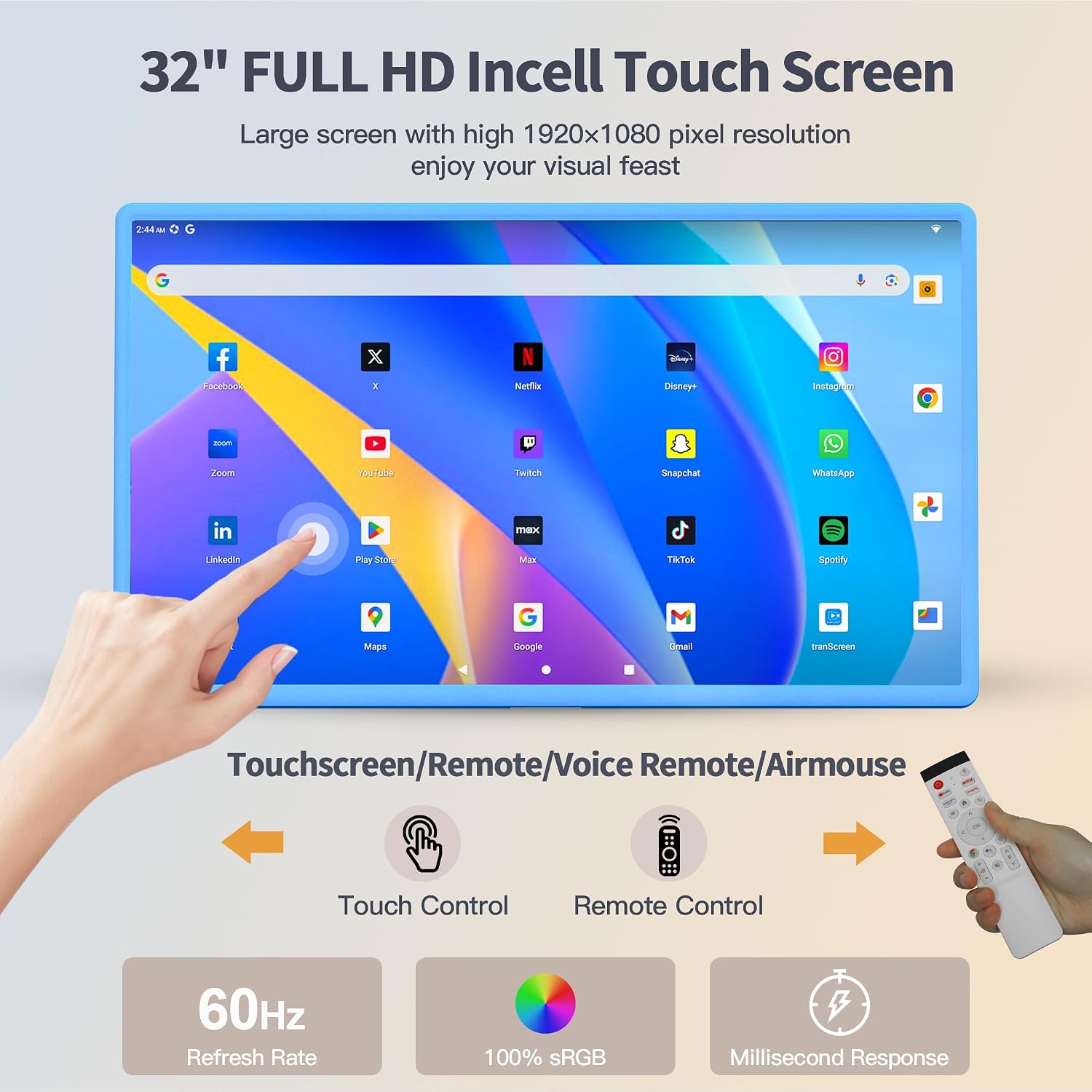32 Inch Portable Smart TV | 1080P Touch Screen | Android 15 8G+128GB Storage | Movable Monitor on Wheels | 5MP Camera | 38,400 mAh Battery | Voice/Airmouse Remote Control | Versatile Rotatable Display