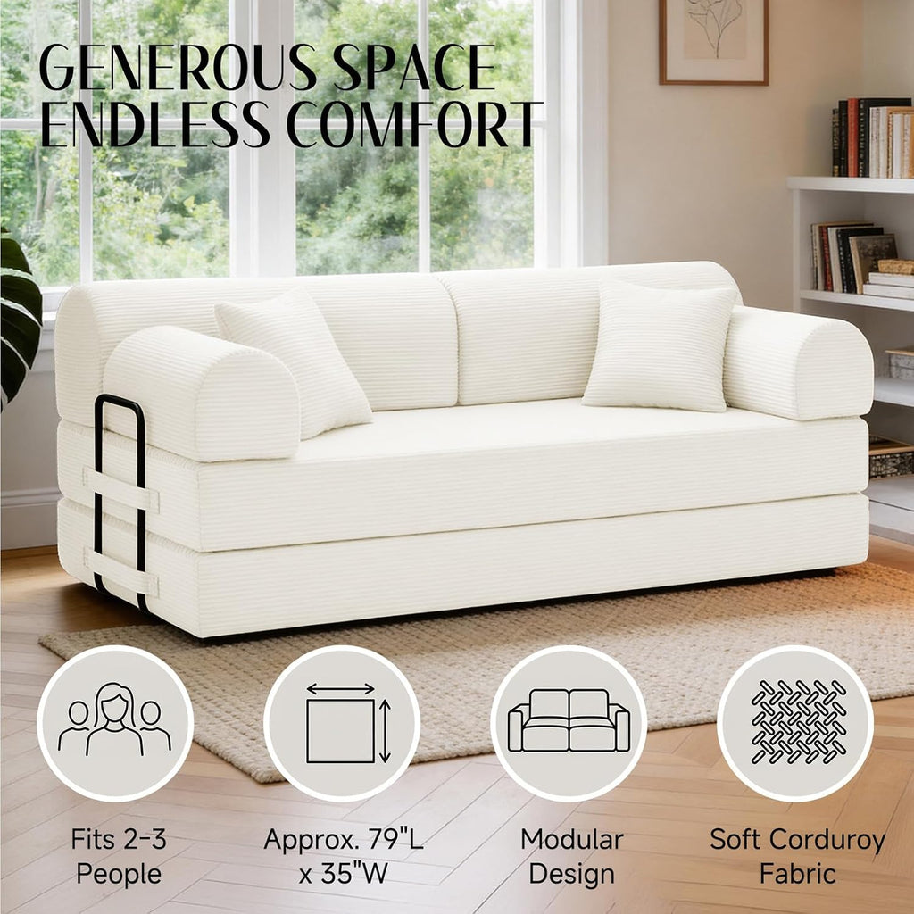 79'' Convertible Sofa Bed, 6 in 1 Folding Floor Futon Couch Sleeper with Fixed Frame, Corduroy Modular Sofa Bed with Removable Armrests & Pillows, No Assembly for Living Room Bedroom (Beige White)