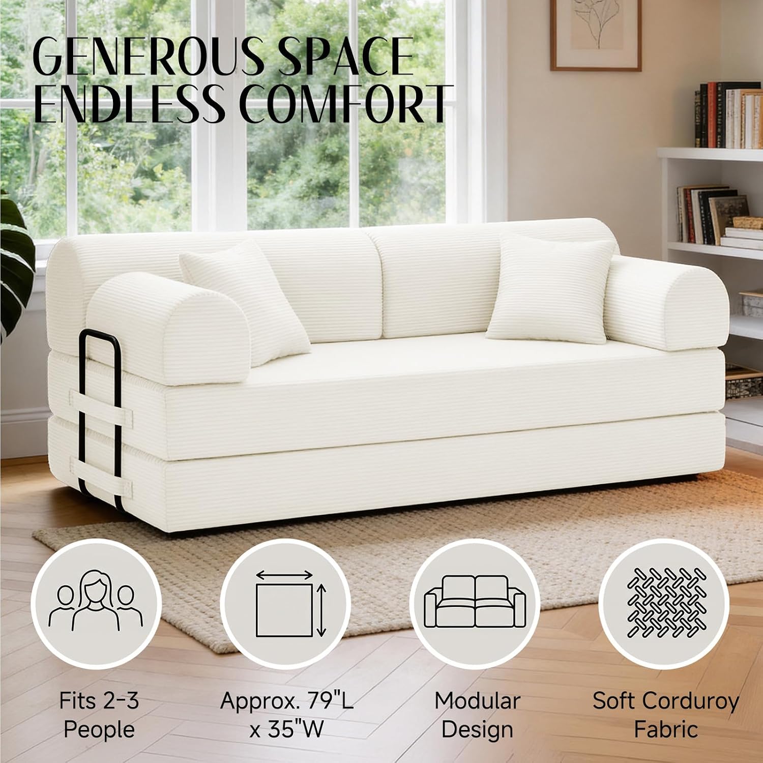 79'' Convertible Sofa Bed, 6 in 1 Folding Floor Futon Couch Sleeper with Fixed Frame, Corduroy Modular Sofa Bed with Removable Armrests & Pillows, No Assembly for Living Room Bedroom (Beige White)