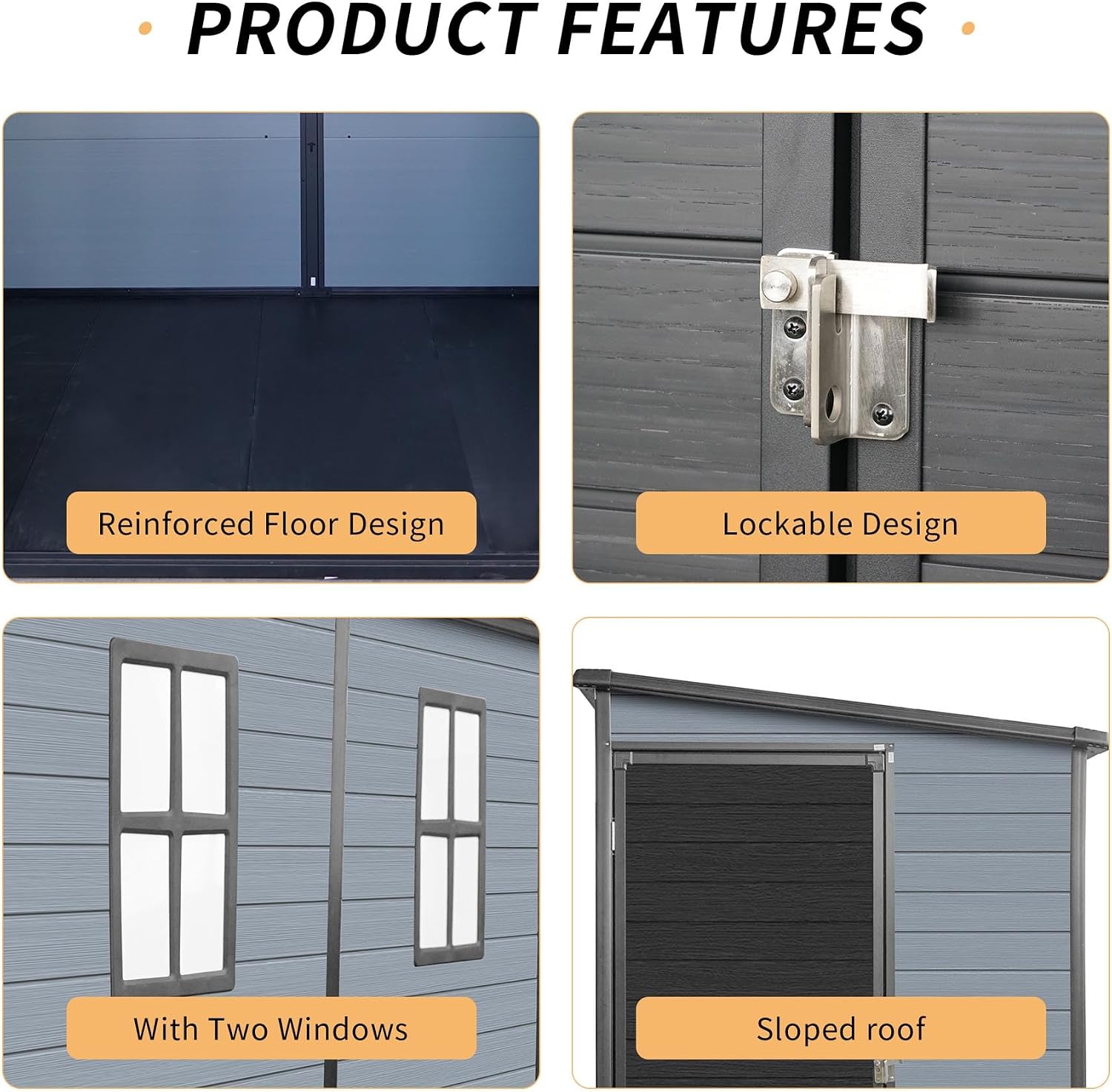4x8FT Resin Outdoor Storage Shed with 2 Windows, Outdoor Storage Shed with Floor Lockable Door for Garden Tools, Bicycles, Trash Cans, Gray+Black (4x8 FT Steel)