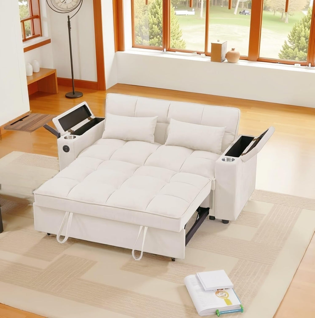 oaaktu 65''Convertible Sleeper Sofa Bed,3-in-1 Pull Out Couch Bed with 360 Degree rotatable Side Table and USB Ports for Living Room,RV (07beige)