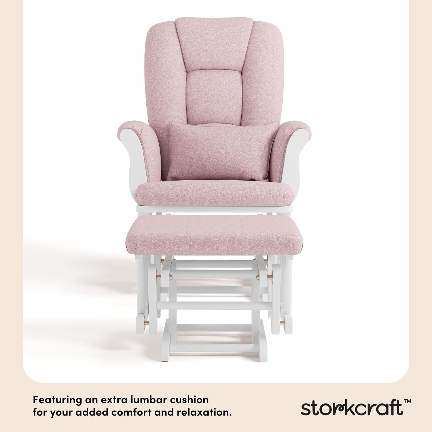 Storkcraft Tuscany Custom Glider and Ottoman with Free Lumbar Pillow (White/Pink Blush Swirl) - Cleanable Upholstered Comfort Rocking Nursery Chair with Ottoman