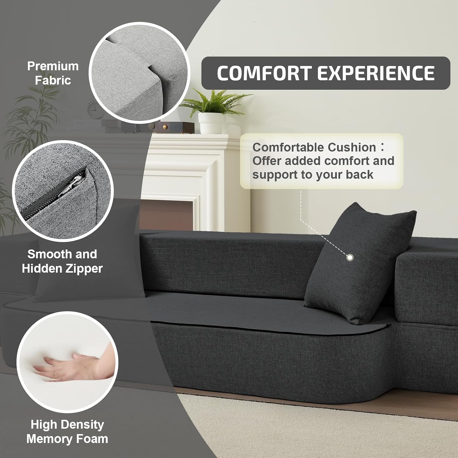 SUYOLS 2-in-1 Folding Sofa Bed with Pillows - Folding Chair Floor Couch & Sleeping Mattress - Washable Cover & Memory Foam Sleeper Chair for Living Room/Guest Room/Apartment/Loft, Dark Gray, Twin XL