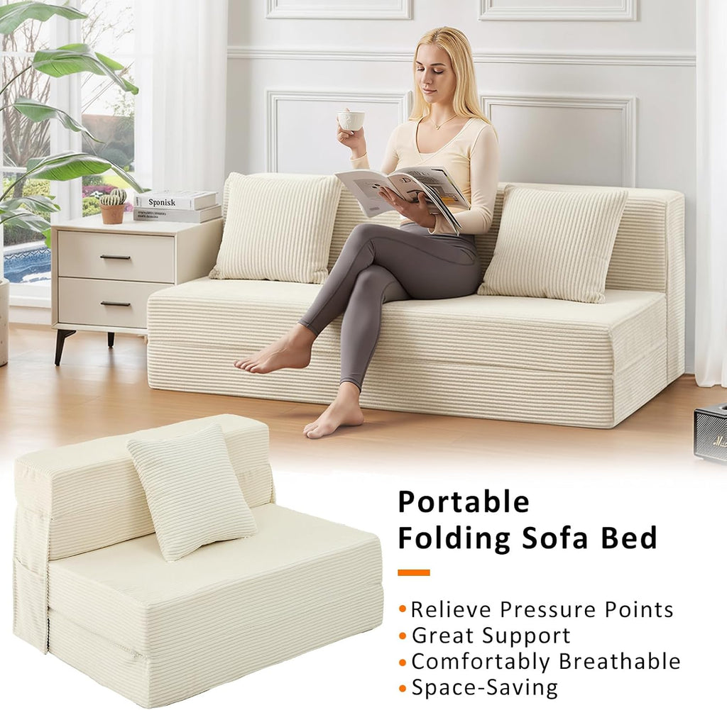 JKMAX Twin Size Folding Sofa Bed - 4 in 1 Convertible Sleeper Chair with Pillow - High Density Memory Foam Futon Couch - Foldable Bed for Living Room Bedroom (Beige)