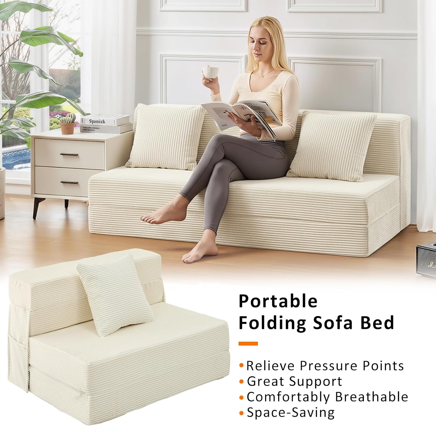 JKMAX Twin Size Folding Sofa Bed - 4 in 1 Convertible Sleeper Chair with Pillow - High Density Memory Foam Futon Couch - Foldable Bed for Living Room Bedroom (Beige)