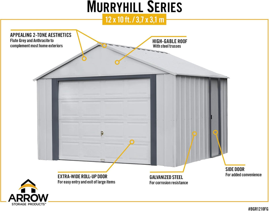 Arrow Shed 12' x 10' Murryhill Garage Galvanized Steel Extra Tall Walls Prefabricated Shed Storage Building, 12' x 10', Flute Gray