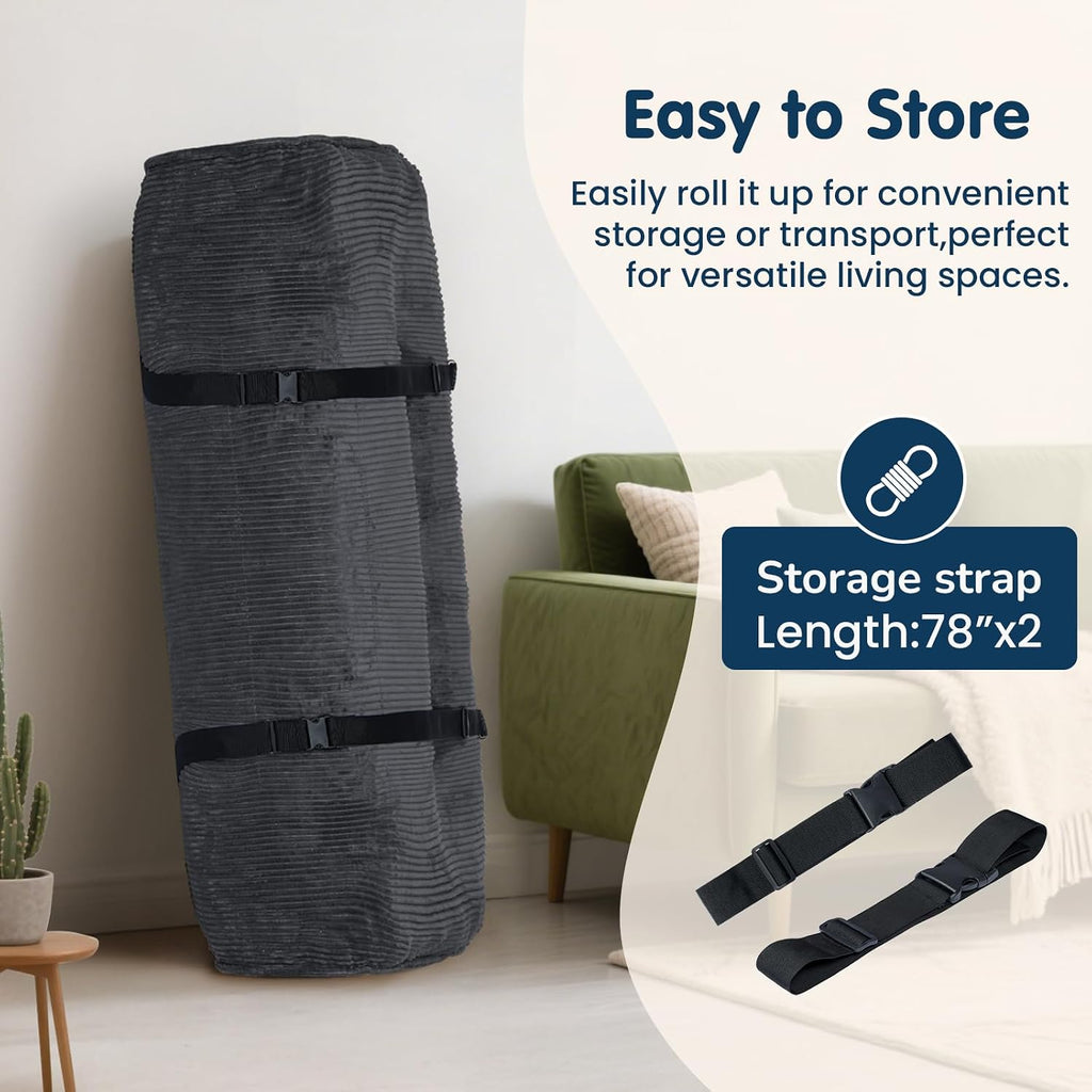 8 Inch Futon Mattress Full Size, Futon Floor Sofa Bed Foldable with Soft Corduroy Fabric - High Resilience Foam Filling - 2 Storage Straps for Home, Guest Room, Dorm, Grey (Frame Not Included)