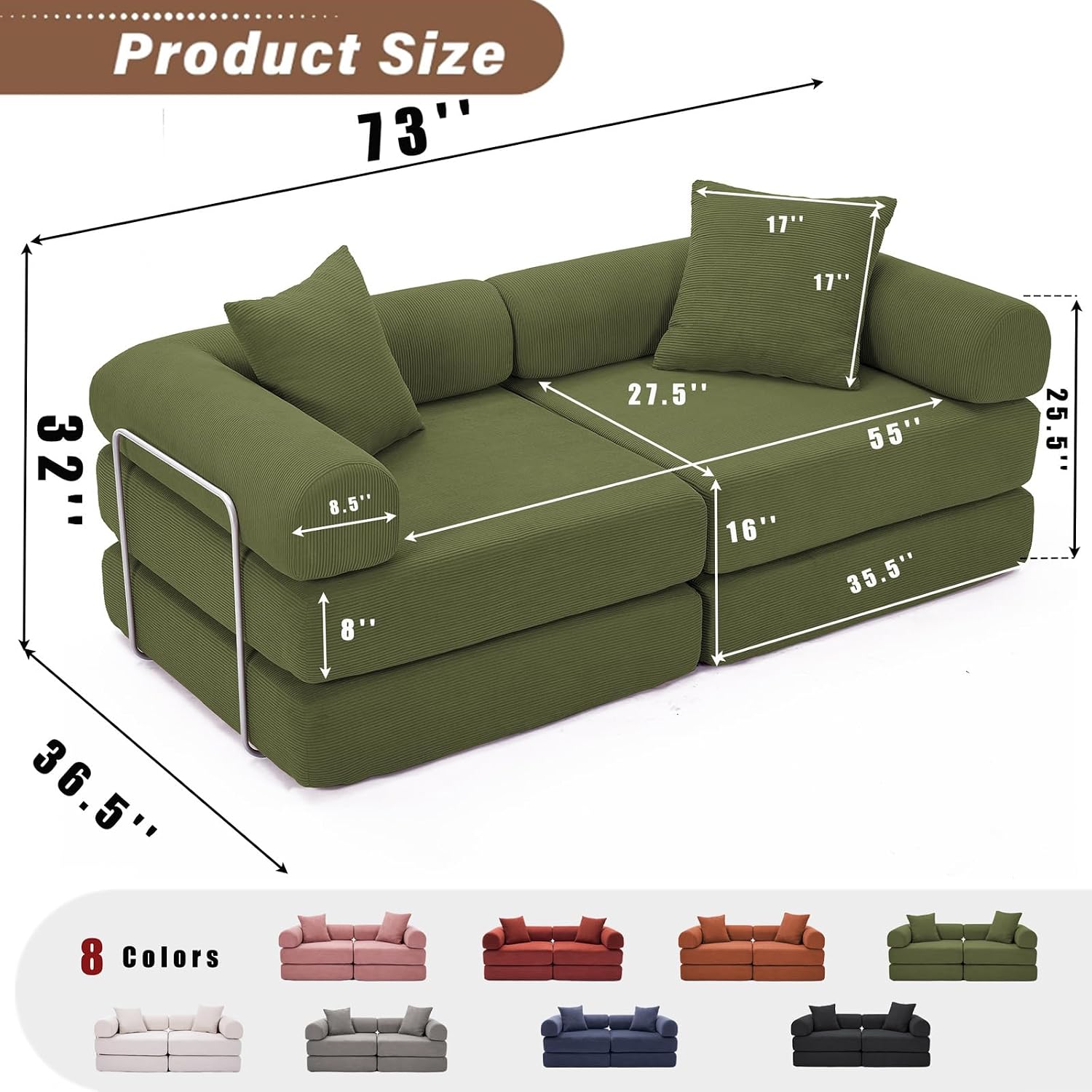 73' Convertible Modular Folding Sofa Bed, 5-in-1 DIY Combination Fold Out Sleeper Sofa Bed, Loveseat sleeper Couch with Removable Armrests, Corduroy Floor Couch, Small couches for small spaces, Green