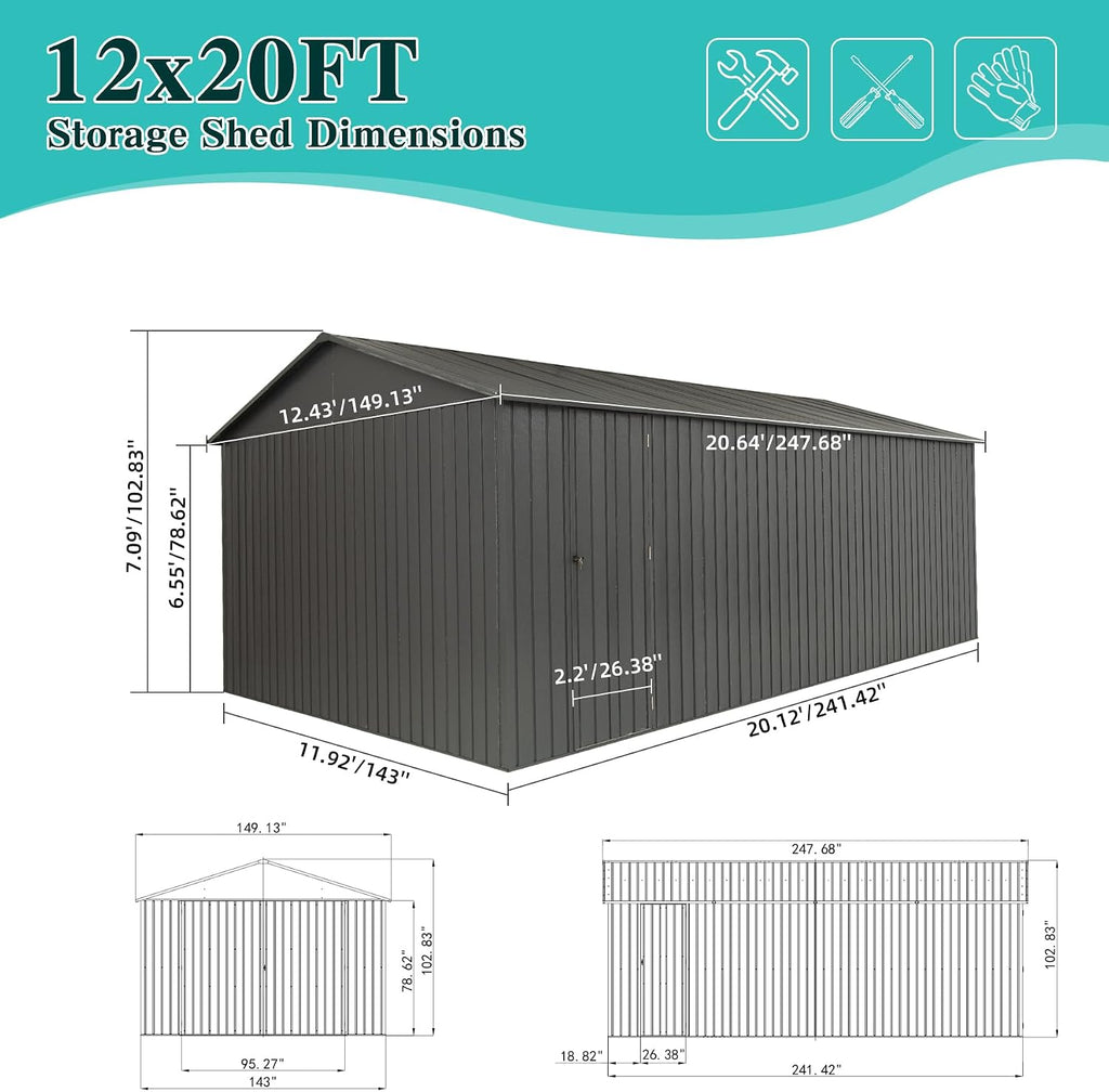 Domi 12x20FT Outdoor Garage Metal Shed, Extra Large Carport with Skylights & Dual-Entry, Backyard Storage Shed for Car, Truck, Lawn Mower and Tool, Dark Grey