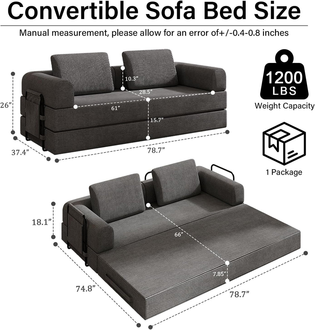 78'' Sleeper Couch Bed for Living Room, Convertible Modular Sofa with Fixed Frame and Side Pocket, Corduroy Futon Boneless Couches in a Box, No Assembly, Gray