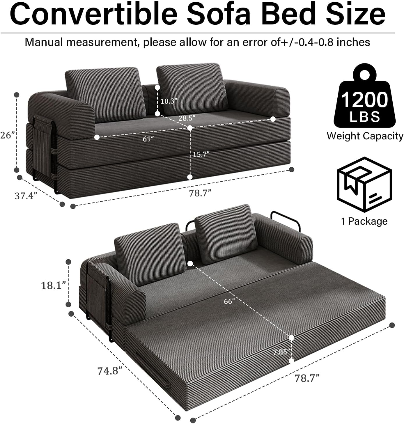 78'' Sleeper Couch Bed for Living Room, Convertible Modular Sofa with Fixed Frame and Side Pocket, Corduroy Futon Boneless Couches in a Box, No Assembly, Gray
