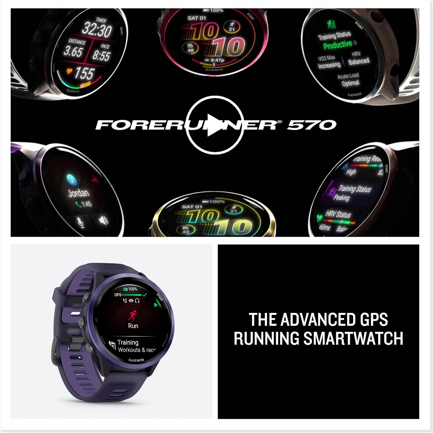 Garmin® Forerunner® 570, 47mm, Advanced GPS Running and Triathlon Smartwatch, AMOLED Display, Training and Recovery Features, Indigo Aluminum with Translucent Imperial Purple Band