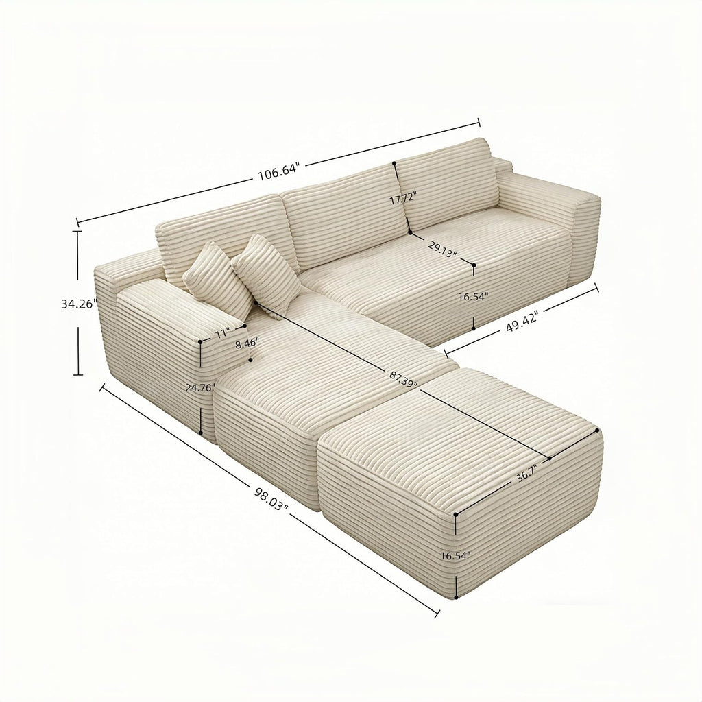 Modern Modular Sectional Sofa, Luxury Cloud Couch, Corduroy Fabric L Shaped Deep Seat Sofa in a Box, Oversized Memory Foam Boneless Couch, Plush Fuzzy Double-Layer Cushion No Assembly