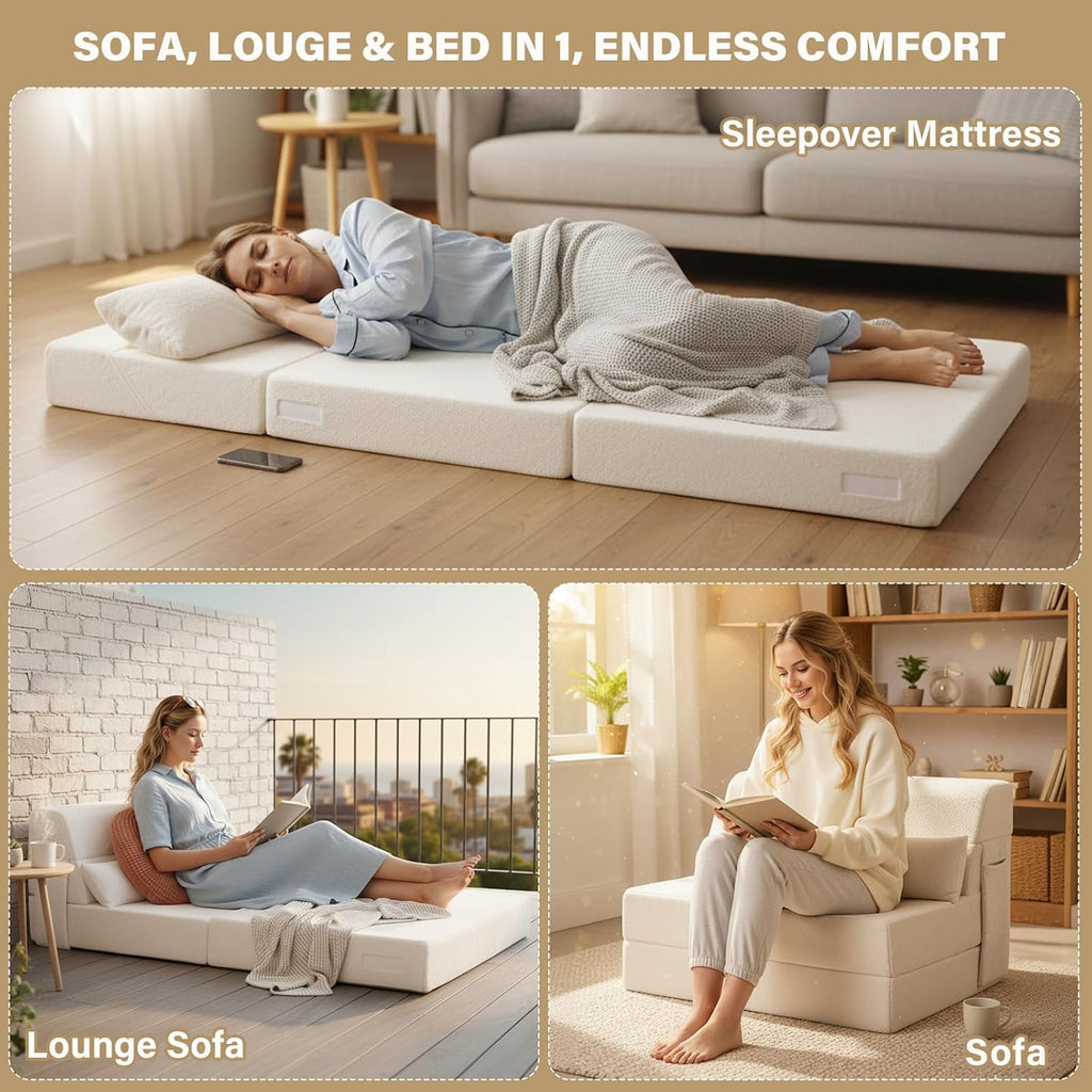 Tiita Convertible Folding Sofa Bed Twin Size for Adults with Pillow, Plush Fabric Floor Mattress Couch Bed, Washable Cover & Side Pocket, Guest Room, Dorm, Apartment, Living Room, Beige