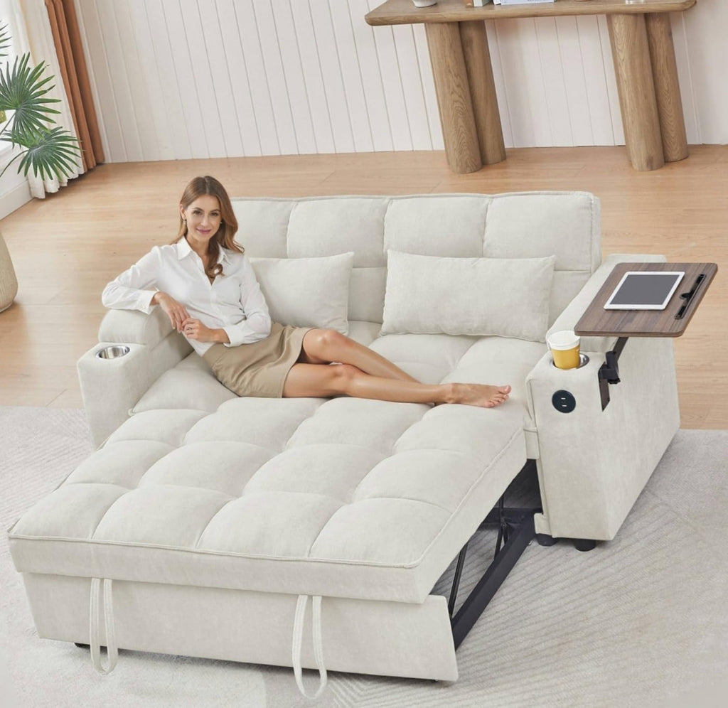 Auvsoce 65'' Convertible Sleeper Sofa Bed with Adjustable Backrest, Chaise Lounge, Side Table & USB/Type-C Ports – Stylish & Functional Addition to Any Living Room (White)