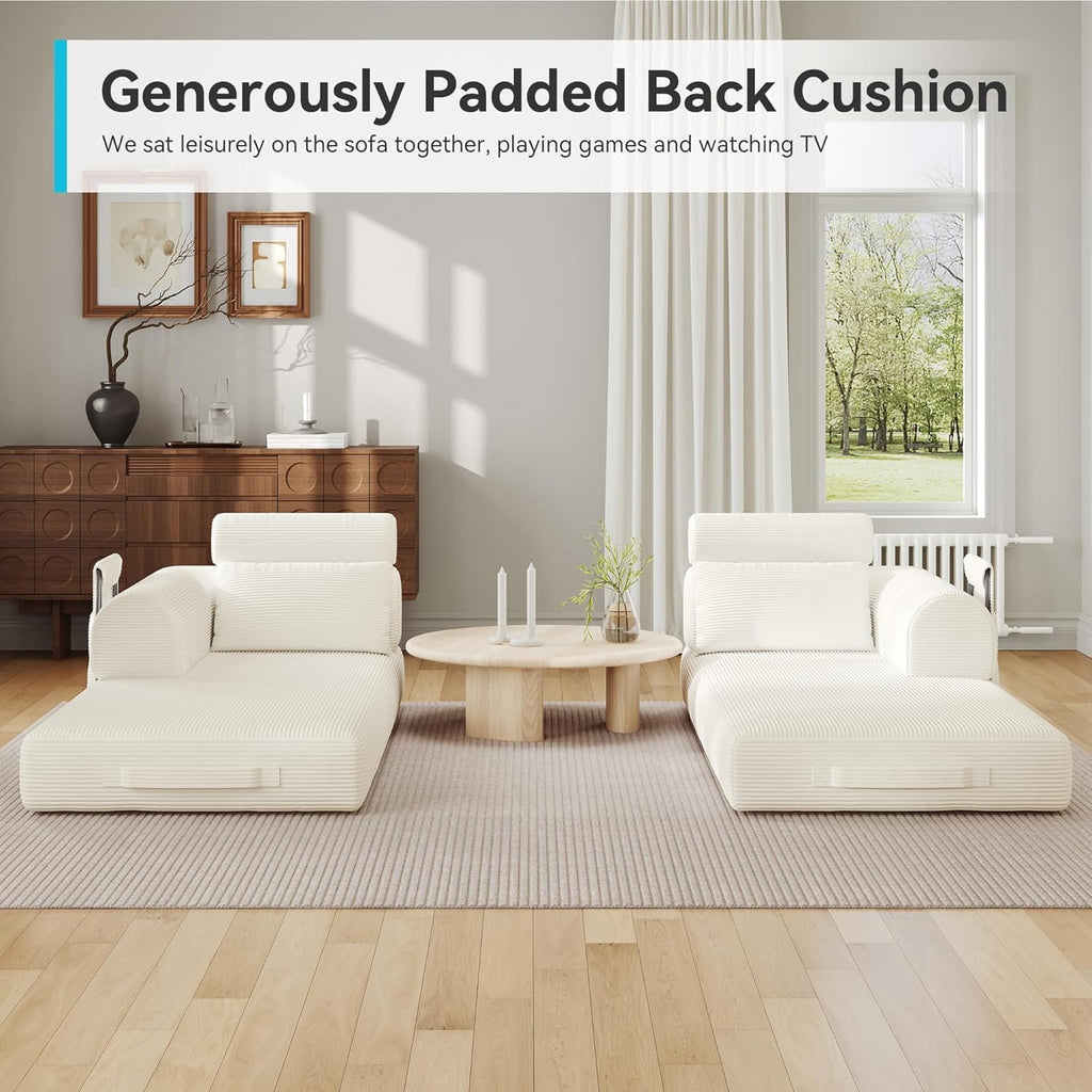 Upgraded 79' High Backrest Sofa Bed with Fixed Frame, Corduroy Fabric Convertible Couch for Small Spaces, Removable Armrests & Backrest, No Assembly Required (Beige White)