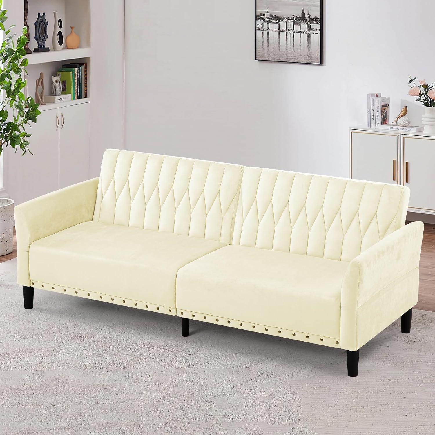 77' Velvet Sofa Bed with Adjustable Armrests and Backrests,Tufted Convertible Futon Couch with Nailhead Trim, Loveseat Modern Velvet Sleeper Sofa for Living Room,Bedroom,Office, Beige