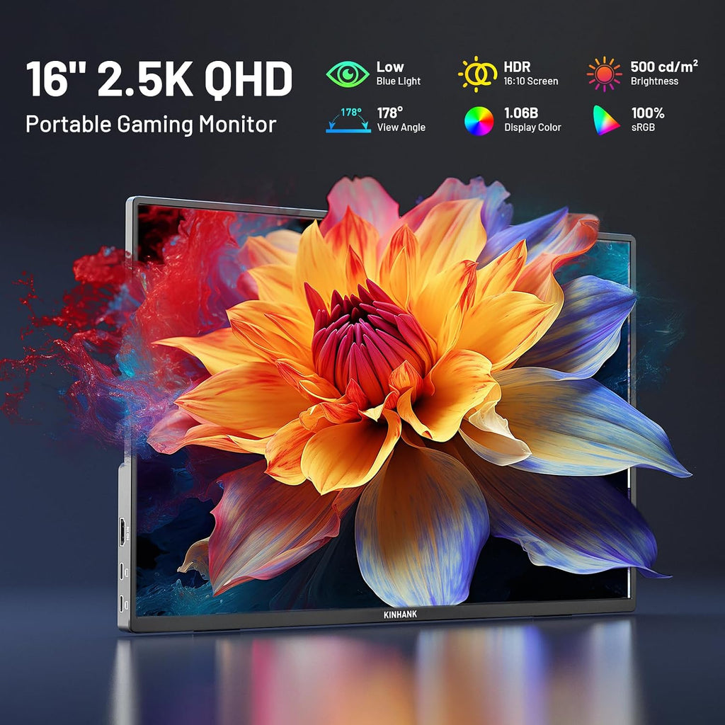 2.5K 144Hz Portable Gaming Monitor 16', 2560x1600, Plug & Play, 100% sRGB, 500nits, 16:10, Eye Care Second Computer Display with Speakers for Laptop, PC, Mac, P-S4/5, Sw-tch, X-BO, USB-C/HDMI, (K16G)