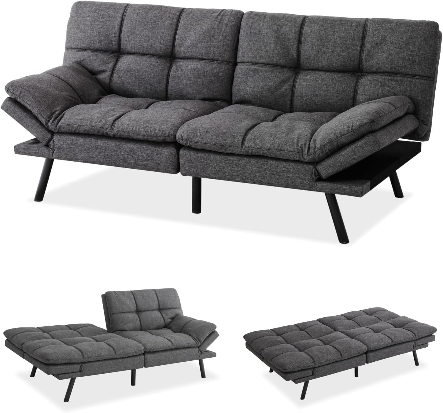 MUUEGM 71-Inch Convertible Futon Sofa Bed with Adjustable Backrest & Removable Armrests, Foldable Sleeper Loveseat for Small Space Living Room, Studio Apartment, Home Office，Deep Gray