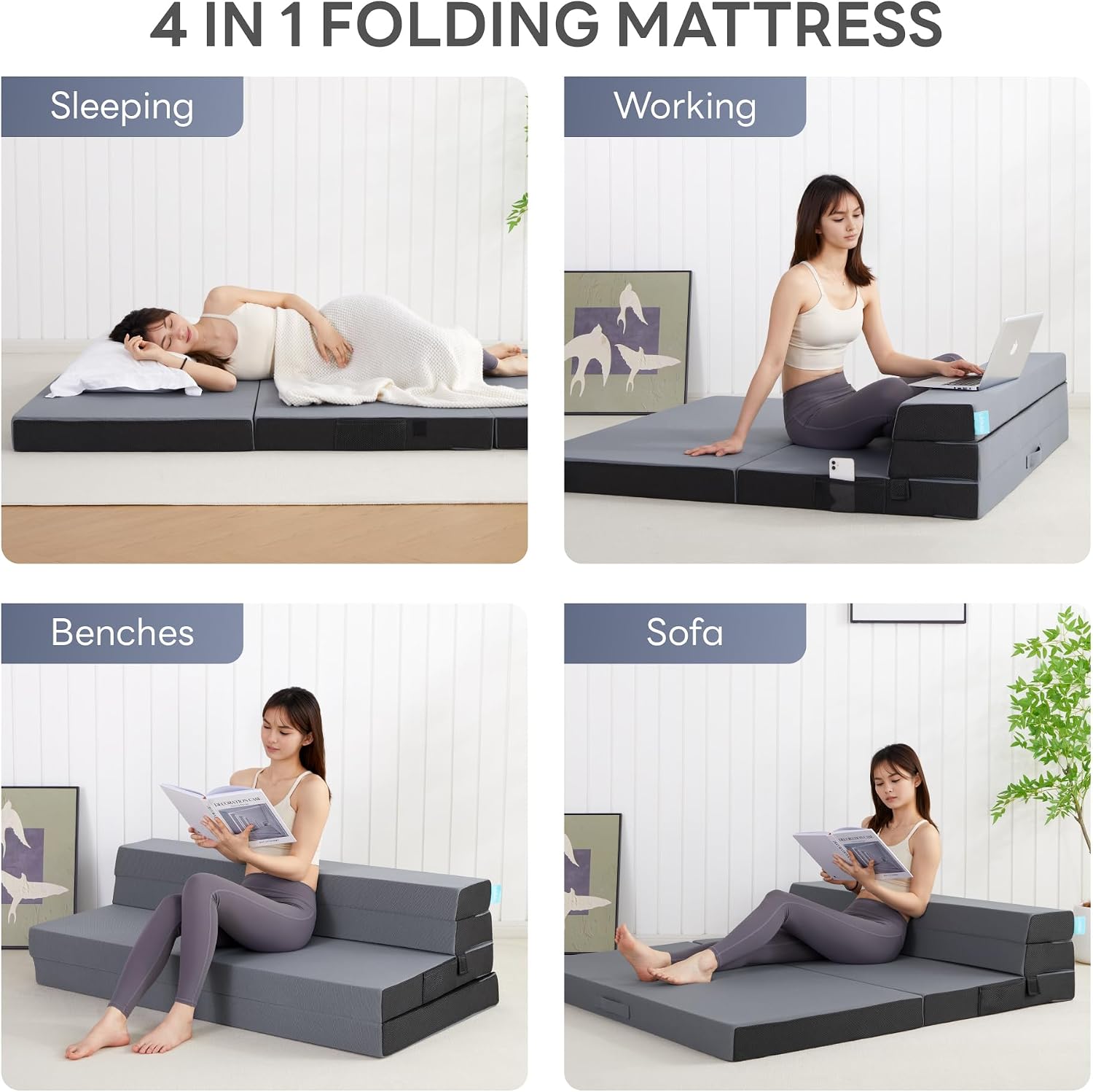 LIKIMIO Folding Mattress Queen, High Density Foam Mattress with Breathable and Washable Cover & Storage Bag, 4 Inch Foldable Mat Topper for Camping, RV and Yoga, Handle Design, Gray
