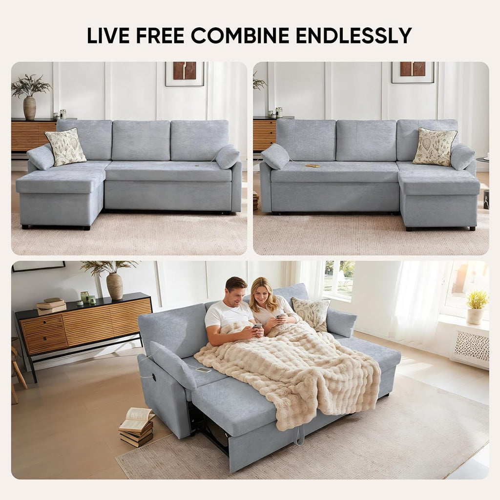 Waxberry 85' L Shaped Sectional Sofa Couch, Pull Out Couch Sleeper Sofa Bed for Living Room, Modular Chenille Deep Seat Sofa, Reversible Chaise, Storage, Side Pockets & Dual USB/Type-C Ports, Gray