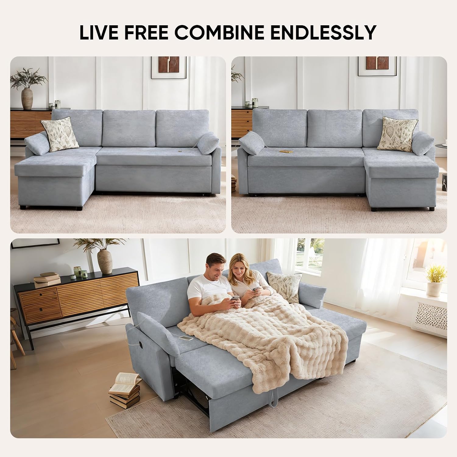 Waxberry 85' L Shaped Sectional Sofa Couch, Pull Out Couch Sleeper Sofa Bed for Living Room, Modular Chenille Deep Seat Sofa, Reversible Chaise, Storage, Side Pockets & Dual USB/Type-C Ports, Gray