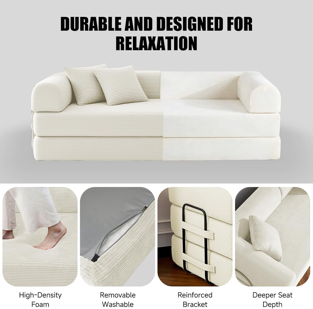 79' Compressed Sofa, Convertible Sofa Bed, Corduroy Compression Boneless Couch with Pillow, Comfy Modular Foldable Floor Sleeper Sofa for Bedroom, Living Room, Lounge, Studio (White)