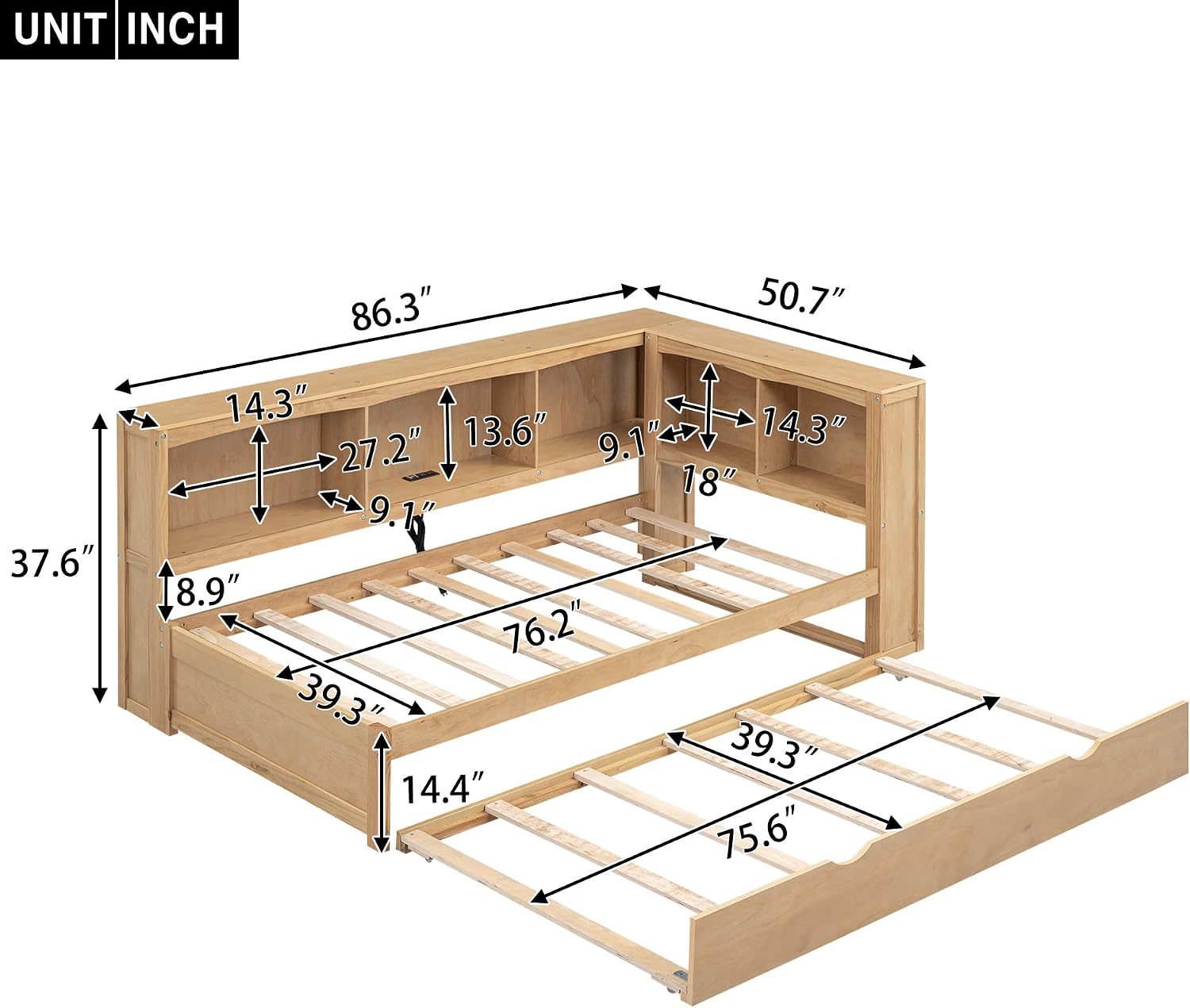 Harper & Bright Designs Twin Size Daybed with Trundle, Storage Bookcases, and USB Ports,Wood Twin Platform Bed with Headboard, Twin Size Sofa Bed Frame for Bedroom Living Room (Wood Color)