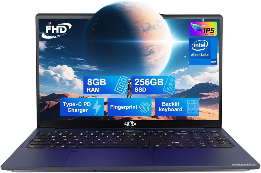 NIMO 15.6' IPS FHD-Laptop, Intel Pentium Quad Core N100 8GB RAM 256GB SSD (Beat i3-1115G4, Up to 3.4GHz) Computer with Backlit Keyboard Fingerprint Type-C WiFi 6 BT5.2, for Student and Home