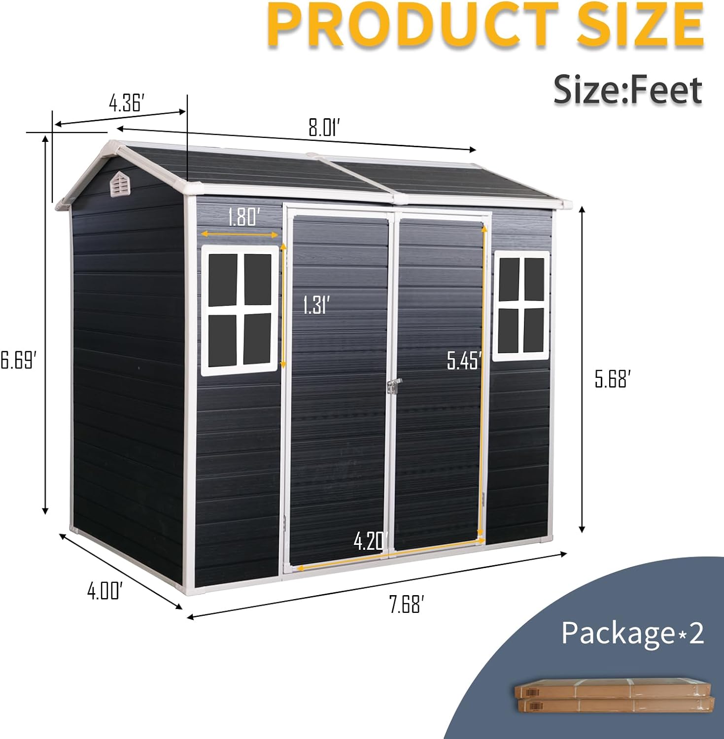 Ball & Cast 4x8 FT Resin Outdoor Storage Shed,Waterproof Garden Organizer Tool House with Floor & Two Windows,Backyard Cabinet w/Lockable Door and Ventilation,Shelter for Car,Bike,Lawnmower,Black