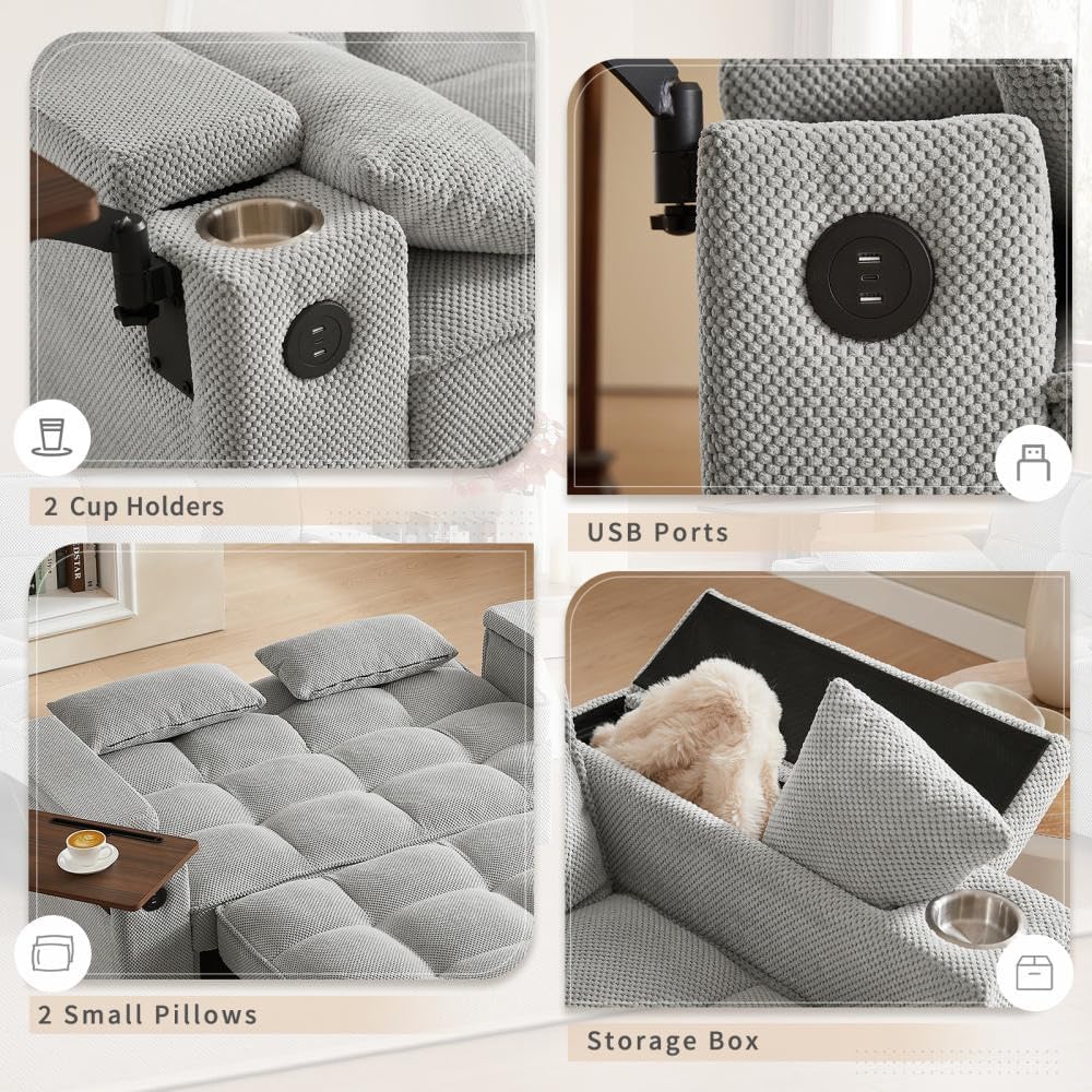 Auvsoce 65'' Convertible Sleeper Sofa Bed with Adjustable Backrest, Chaise Lounge, Side Table & USB/Type-C Ports – Stylish & Functional Addition to Any Living Room (Fashion Light Grey)