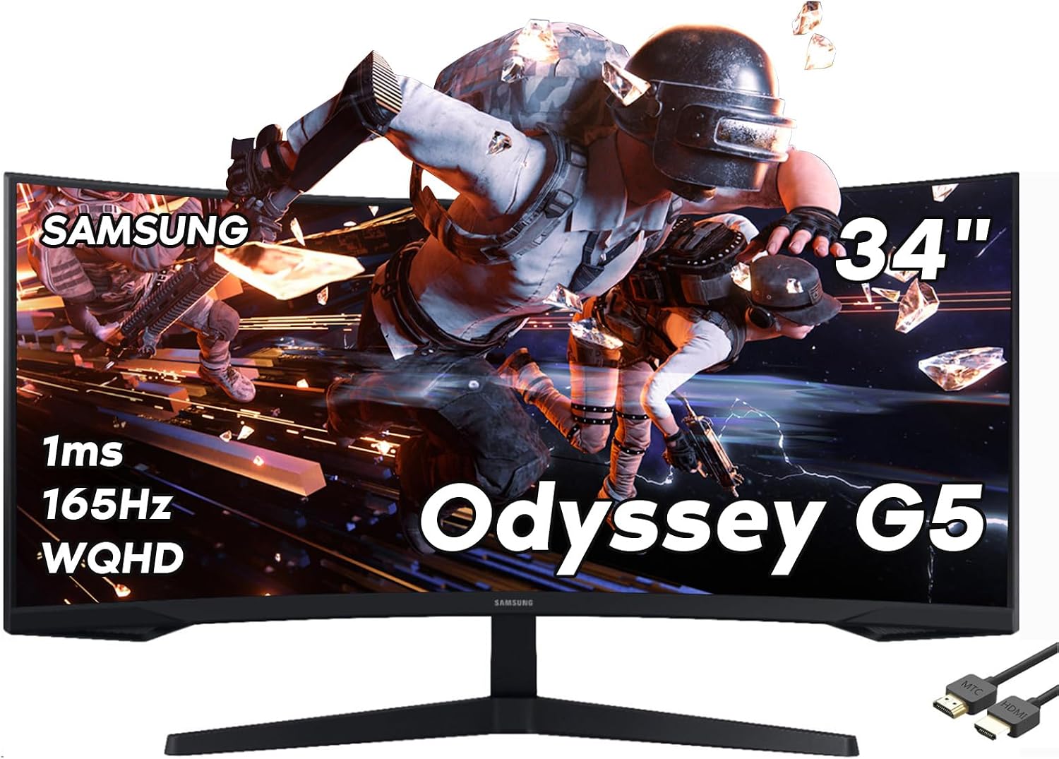 SAMSUNG 34' Odyssey G5 Ultra-Wide Gaming Monitor, 1000R Curved, 165Hz, 1ms, FreeSync Premium, WQHD, Black, with MTC HDMI Cable