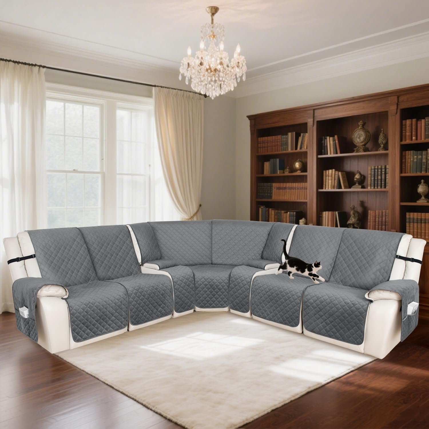 HDCAXKJ 100% Waterproof Velvet Recliner Sectional Couch Covers L Shaped Corner Reclining Sofa Cover Washable Thick Non Slip Sectional Slipcover with Pockets (5 Seat and 2 Middle Console, Dark Gray)
