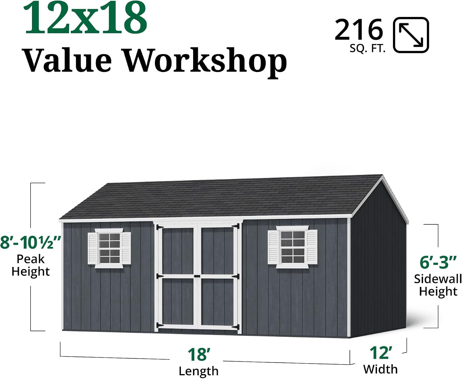 Little Cottage Co. 12x18 Value Workshop Shed with Operable Windows and Floor, Outdoor Wood Storage Do-It-Yourself Precut Kit
