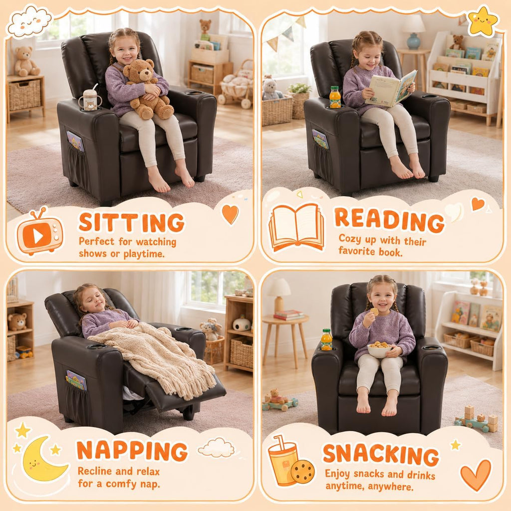 Candy Kids Reclining Chair Leather Recliner Sofa Push Back Toddler Youth Children Child Ages 1-6
