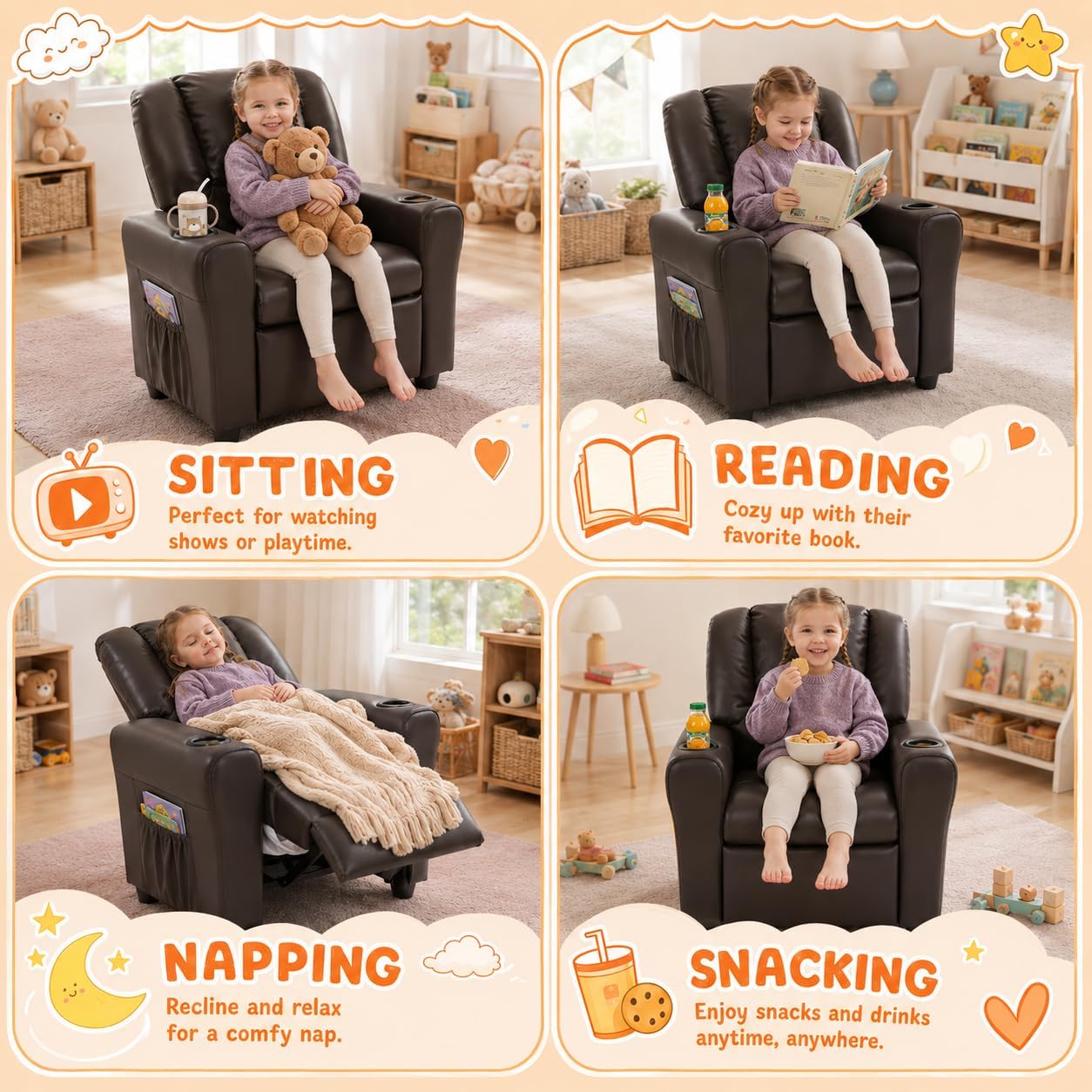 Candy Kids Reclining Chair Leather Recliner Sofa Push Back Toddler Youth Children Child Ages 1-6