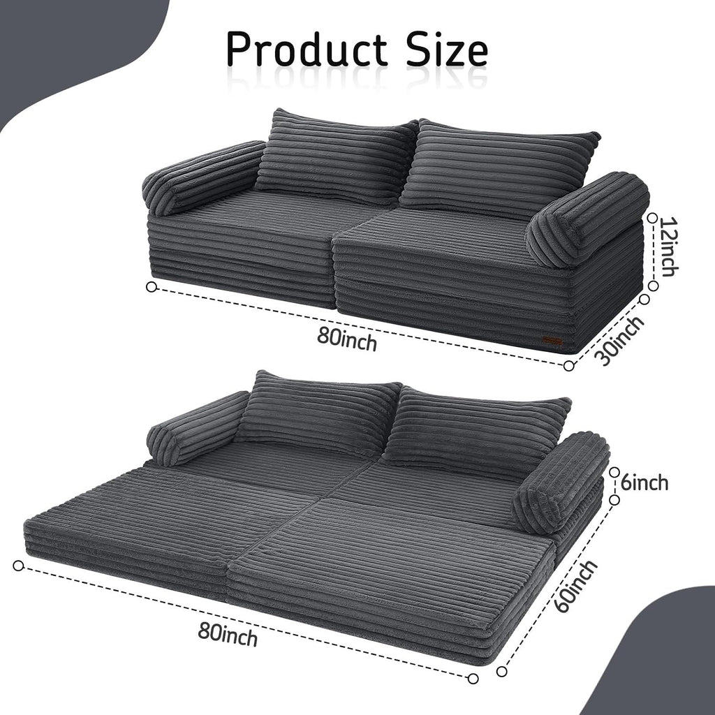 MeMoreCool Convertible Sofa Bed, Folding Floor Couch Bed Queen, Pull Out Sleeper Couch with Pillows, Fold Out Futon Sofa for Bedroom Living Room Small Space, Corduroy Grey