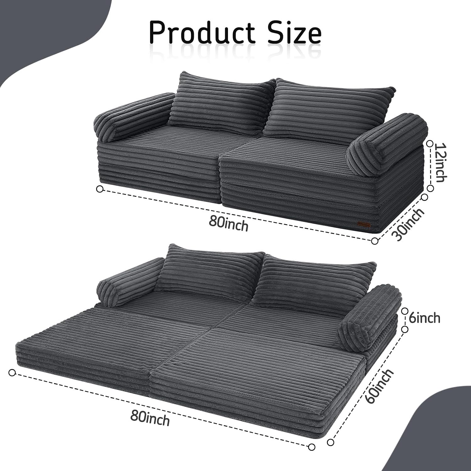 MeMoreCool Convertible Sofa Bed, Folding Floor Couch Bed Queen, Pull Out Sleeper Couch with Pillows, Fold Out Futon Sofa for Bedroom Living Room Small Space, Corduroy Grey