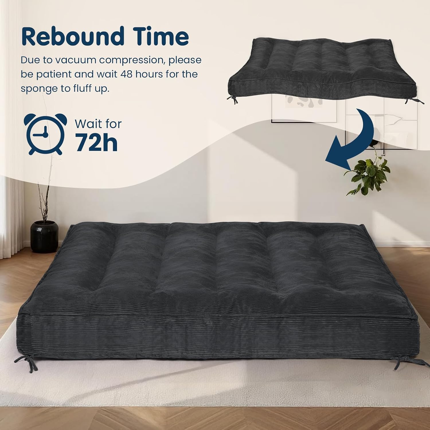8 Inch Futon Mattress Full Size, Futon Floor Sofa Bed Foldable with Soft Corduroy Fabric - High Resilience Foam Filling - 2 Storage Straps for Home, Guest Room, Dorm, Grey (Frame Not Included)